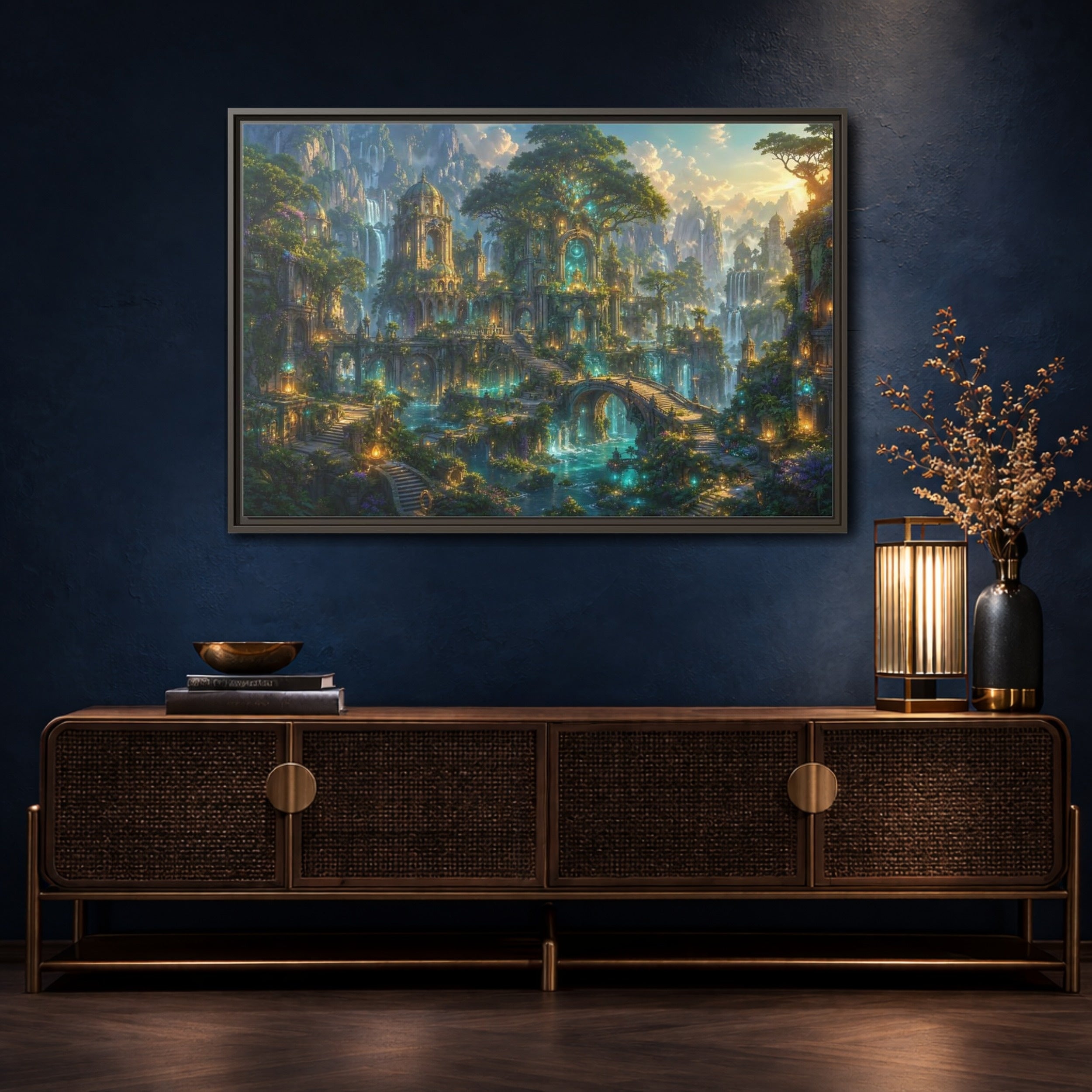 Mockup 4. Fairytale Enchanted City Green And Blue Fantasy shown as stretched canvas wall art