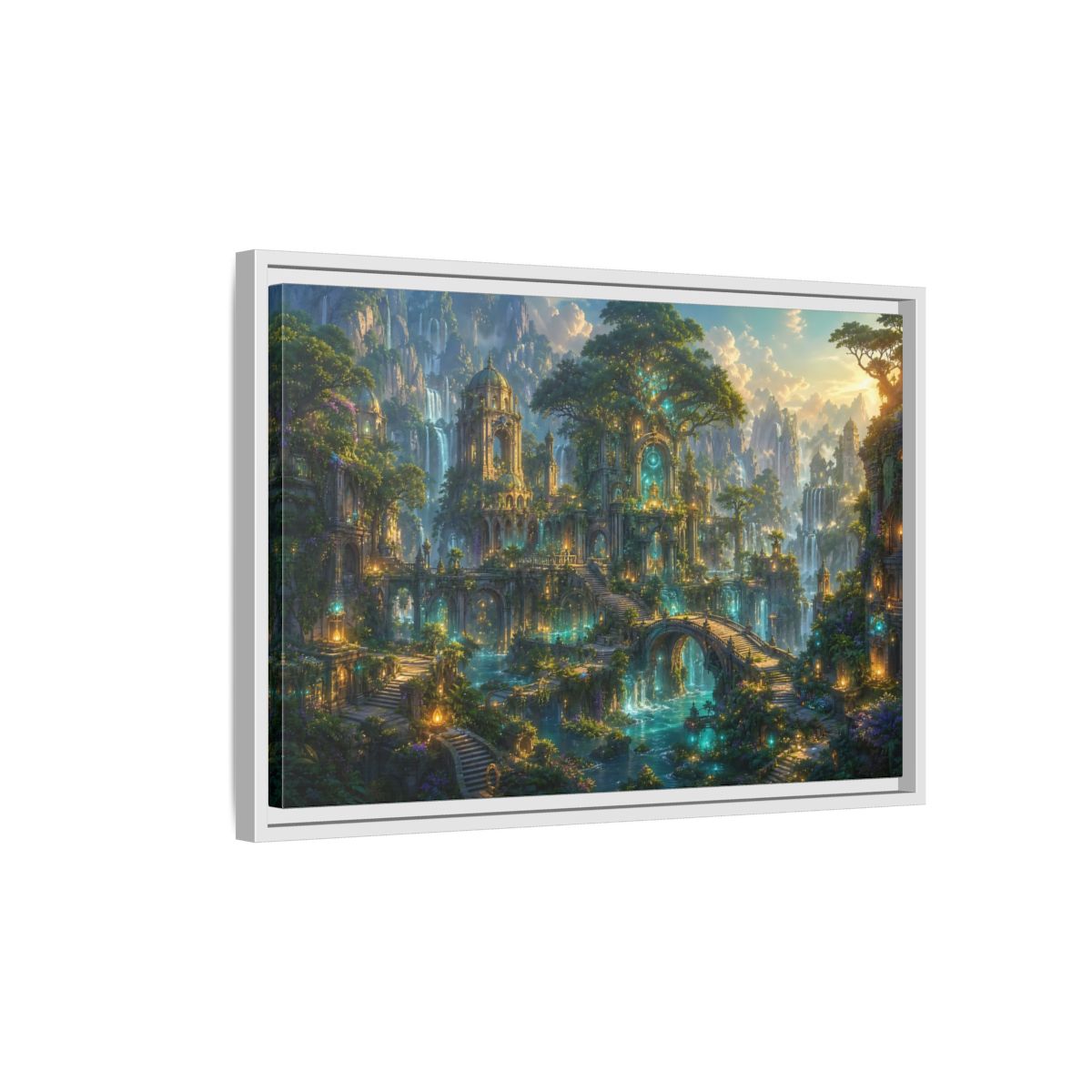 Side Mockup 1. Fairytale Enchanted City Green And Blue Fantasy shown as stretched canvas wall art