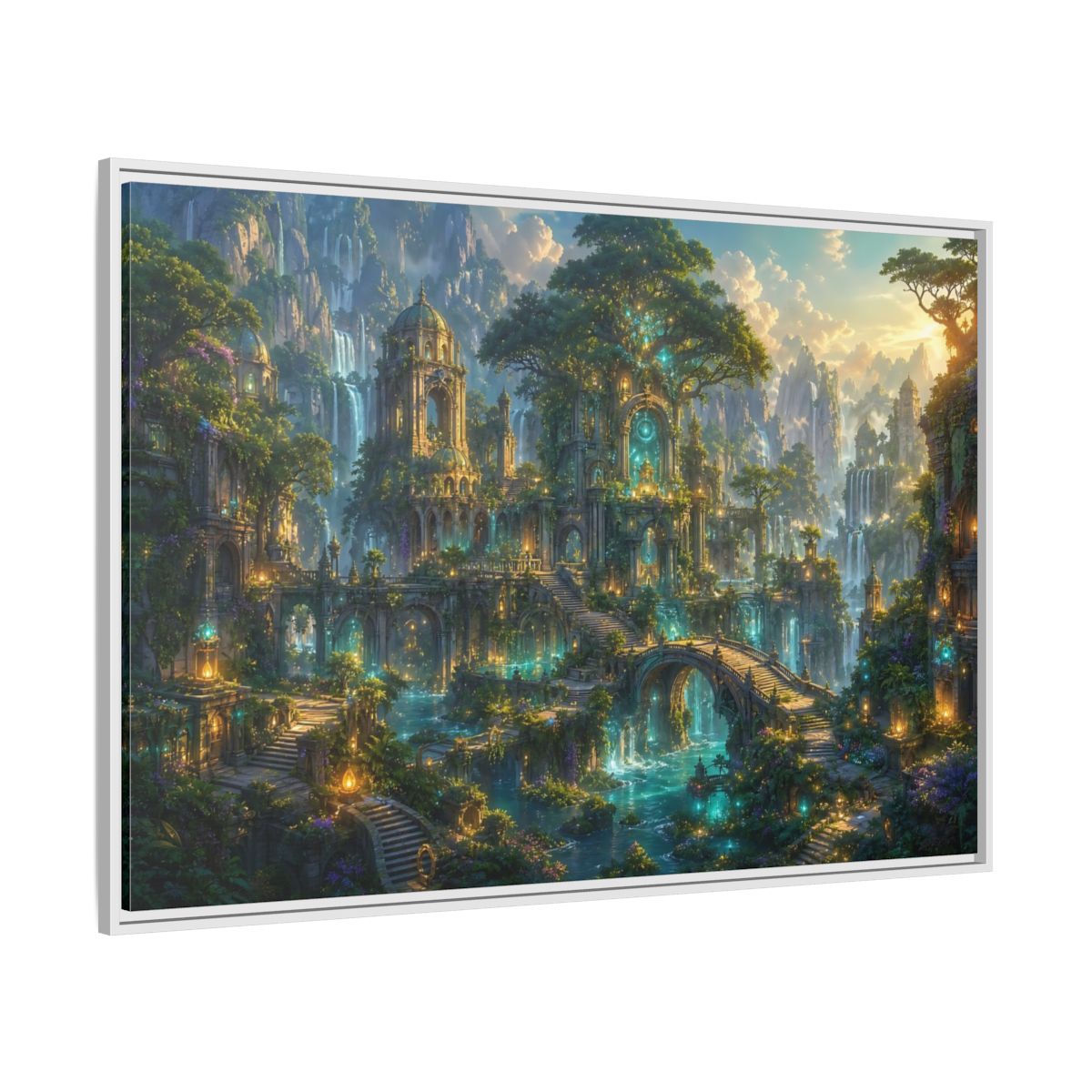 Side Mockup 7. Fairytale Enchanted City Green And Blue Fantasy shown as stretched canvas wall art