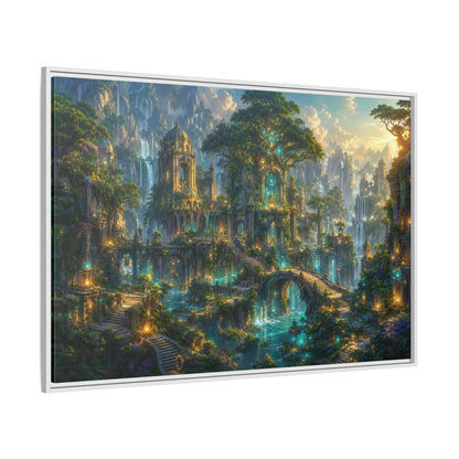 Side Mockup 7. Fairytale Enchanted City Green And Blue Fantasy shown as stretched canvas wall art