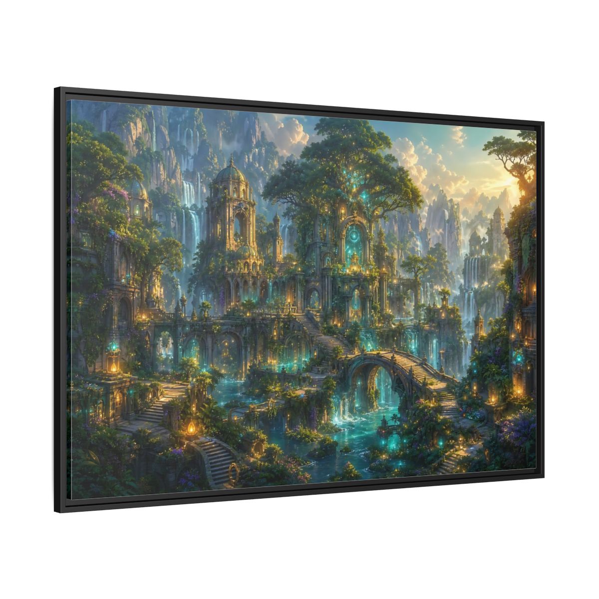 Side Mockup 12. Fairytale Enchanted City Green And Blue Fantasy shown as stretched canvas wall art