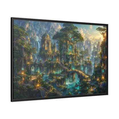 Side Mockup 12. Fairytale Enchanted City Green And Blue Fantasy shown as stretched canvas wall art