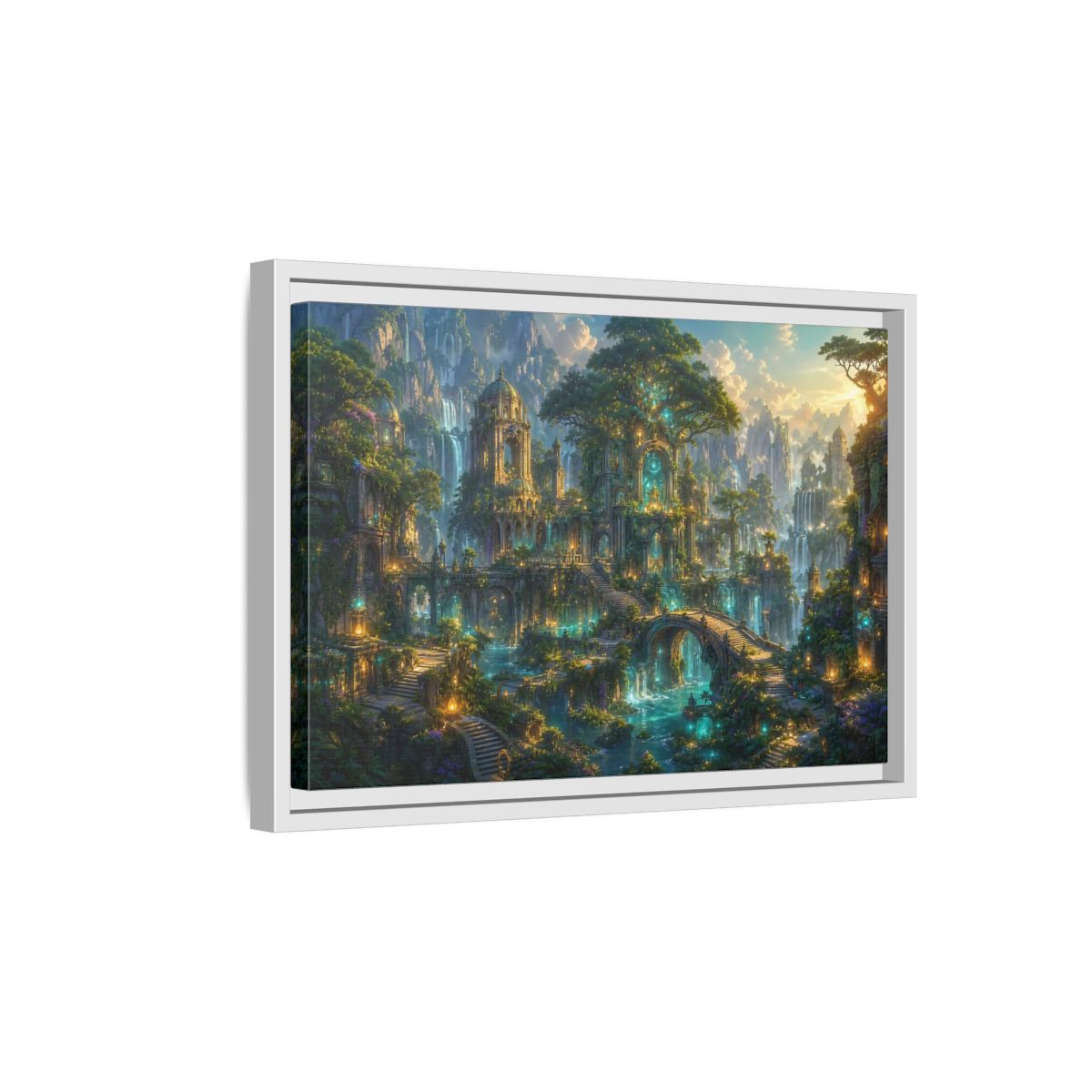 Side Mockup 4. Fairytale Enchanted City Green And Blue Fantasy shown as stretched canvas wall art