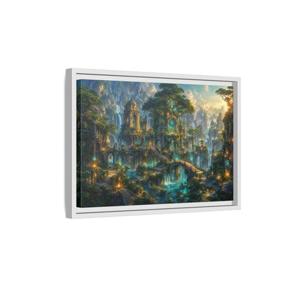 Side Mockup 4. Fairytale Enchanted City Green And Blue Fantasy shown as stretched canvas wall art