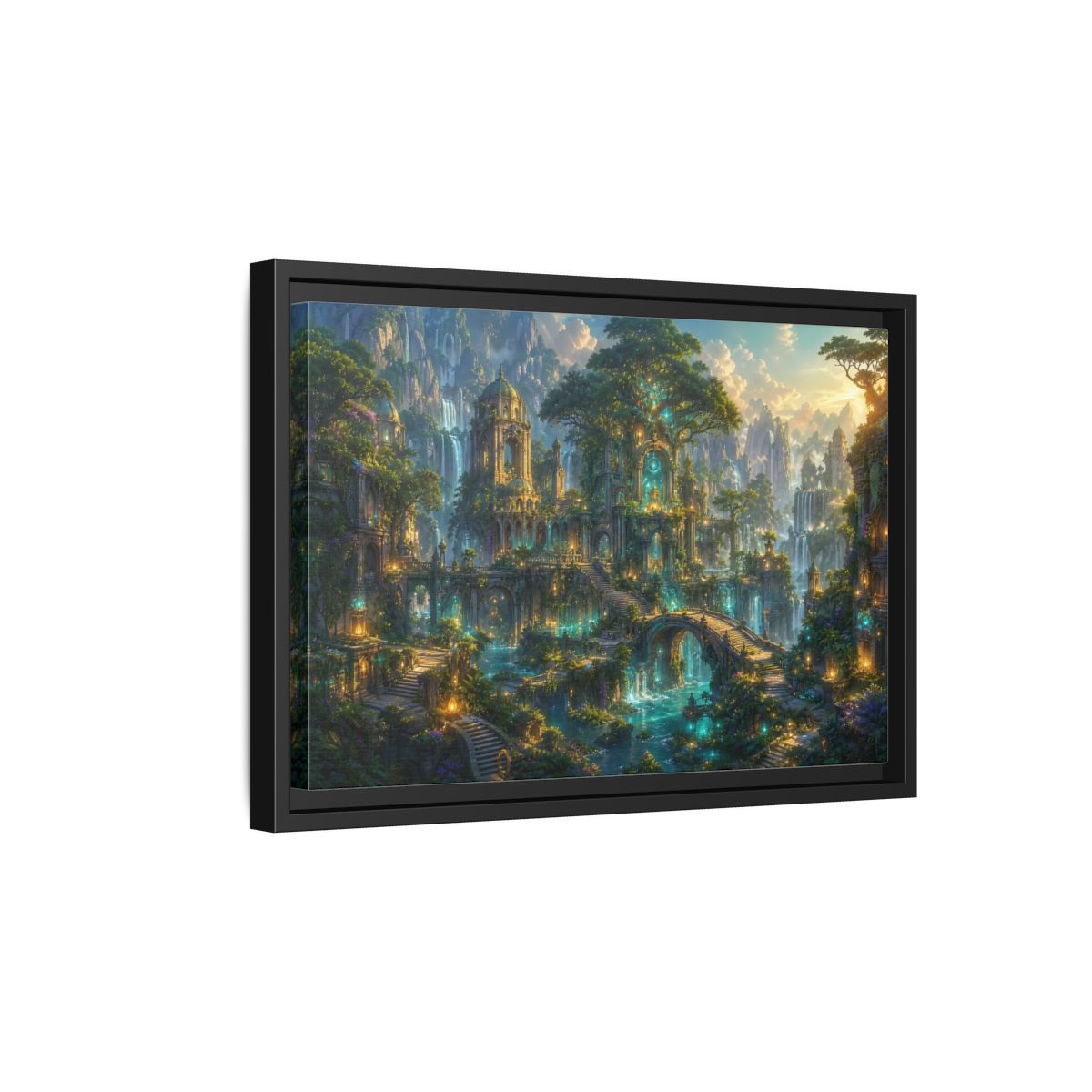 Side Mockup 6. Fairytale Enchanted City Green And Blue Fantasy shown as stretched canvas wall art