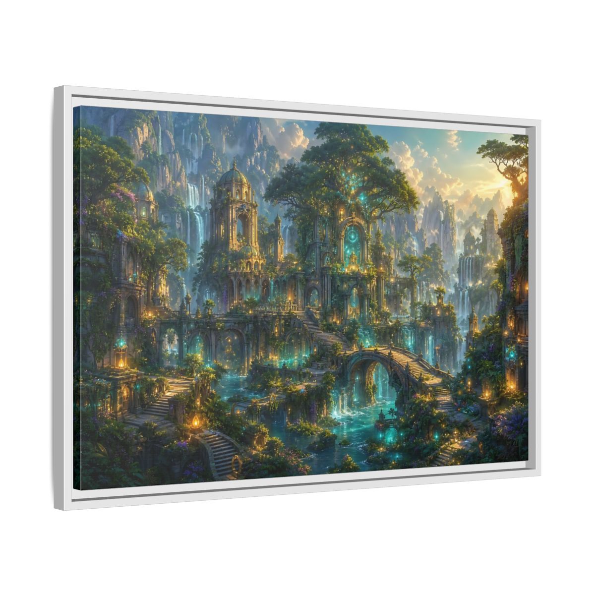Side Mockup 10. Fairytale Enchanted City Green And Blue Fantasy shown as stretched canvas wall art