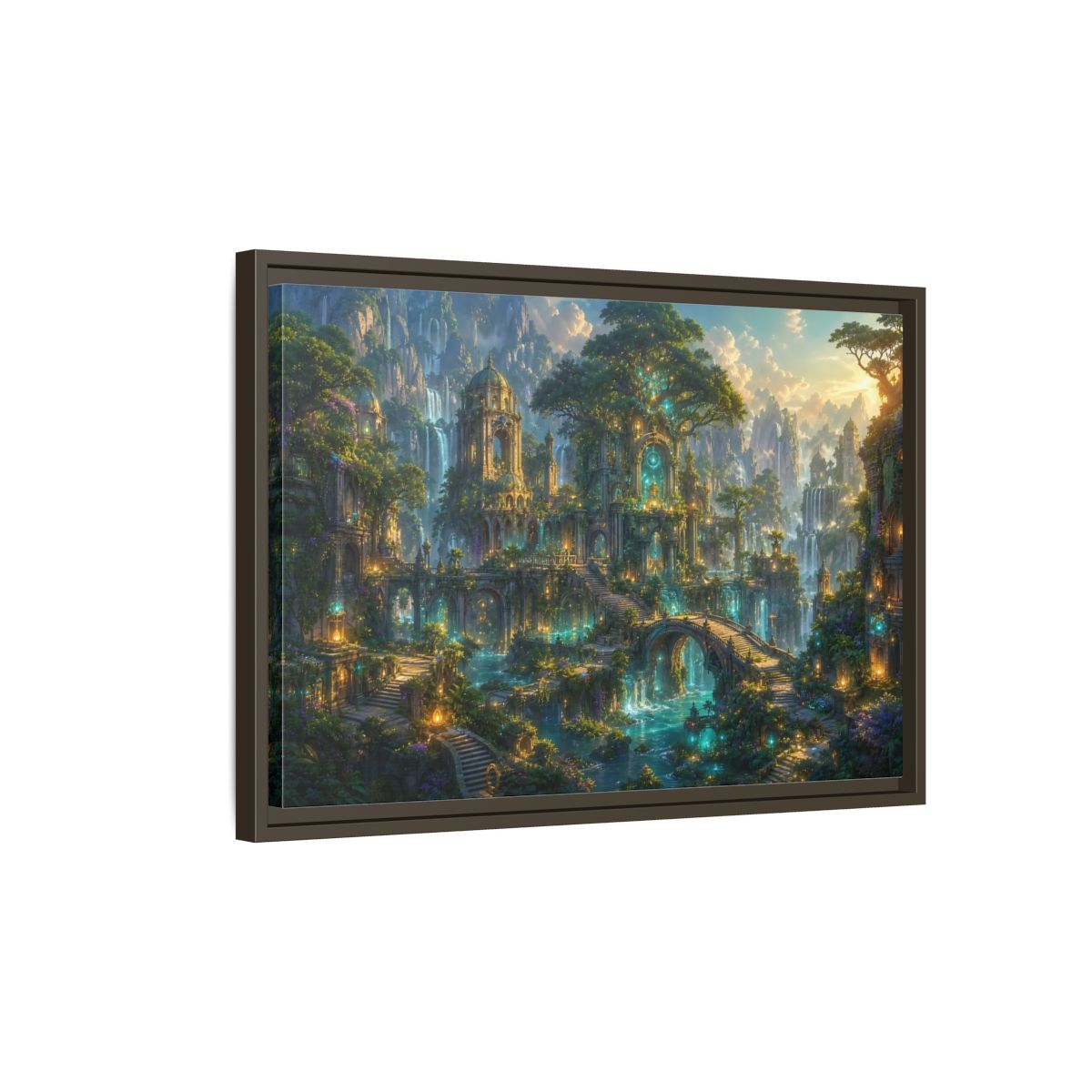 Side Mockup 2. Fairytale Enchanted City Green And Blue Fantasy shown as stretched canvas wall art