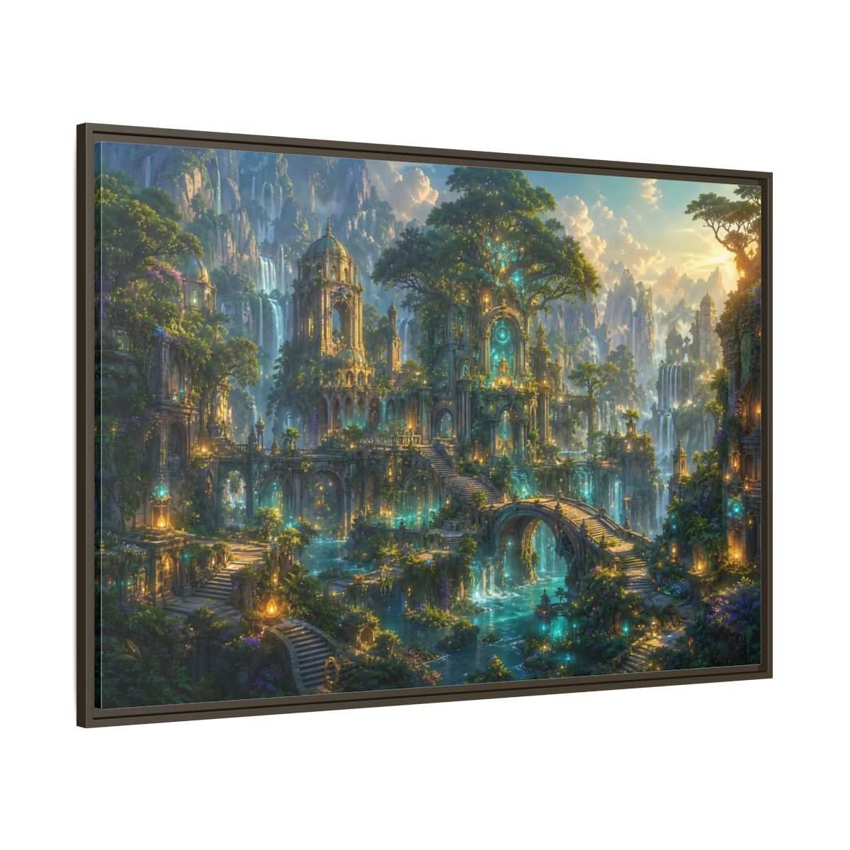 Side Mockup 8. Fairytale Enchanted City Green And Blue Fantasy shown as stretched canvas wall art