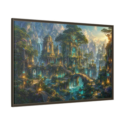 Side Mockup 8. Fairytale Enchanted City Green And Blue Fantasy shown as stretched canvas wall art
