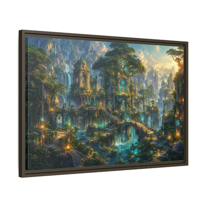 Side Mockup 11. Fairytale Enchanted City Green And Blue Fantasy shown as stretched canvas wall art