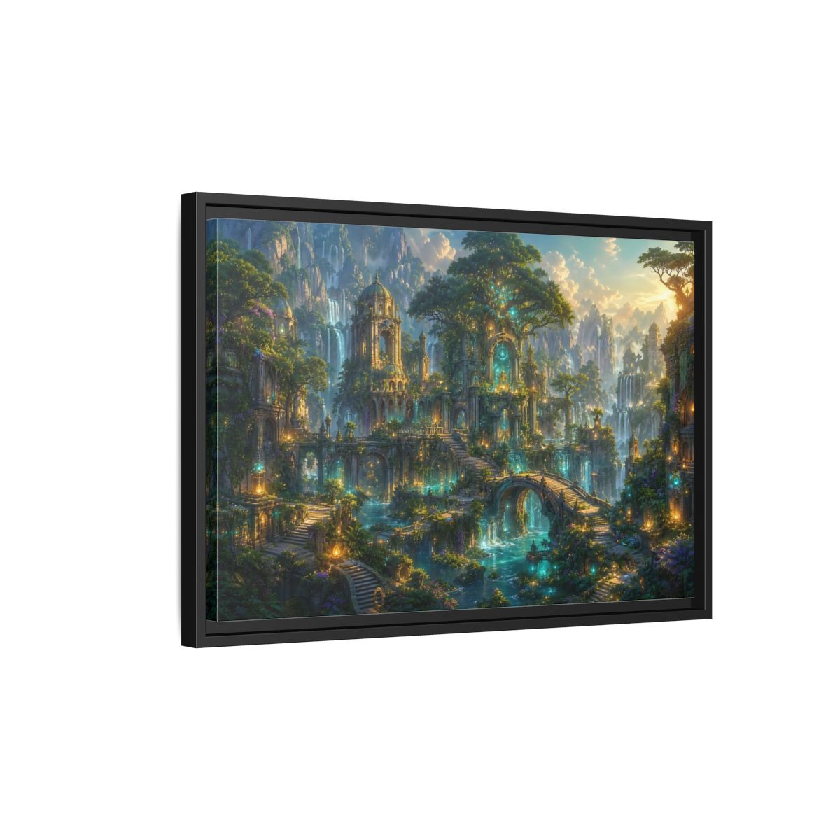 Side Mockup 3. Fairytale Enchanted City Green And Blue Fantasy shown as stretched canvas wall art