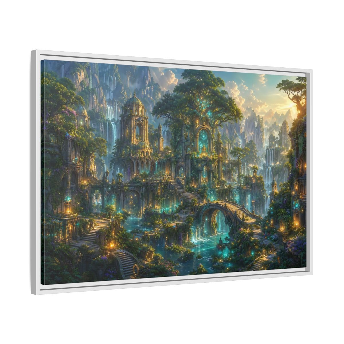 Side Mockup 9. Fairytale Enchanted City Green And Blue Fantasy shown as stretched canvas wall art