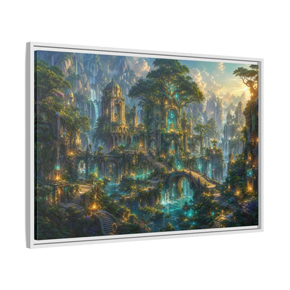 Side Mockup 9. Fairytale Enchanted City Green And Blue Fantasy shown as stretched canvas wall art