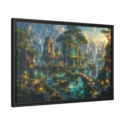 Side Mockup 14. Fairytale Enchanted City Green And Blue Fantasy shown as stretched canvas wall art