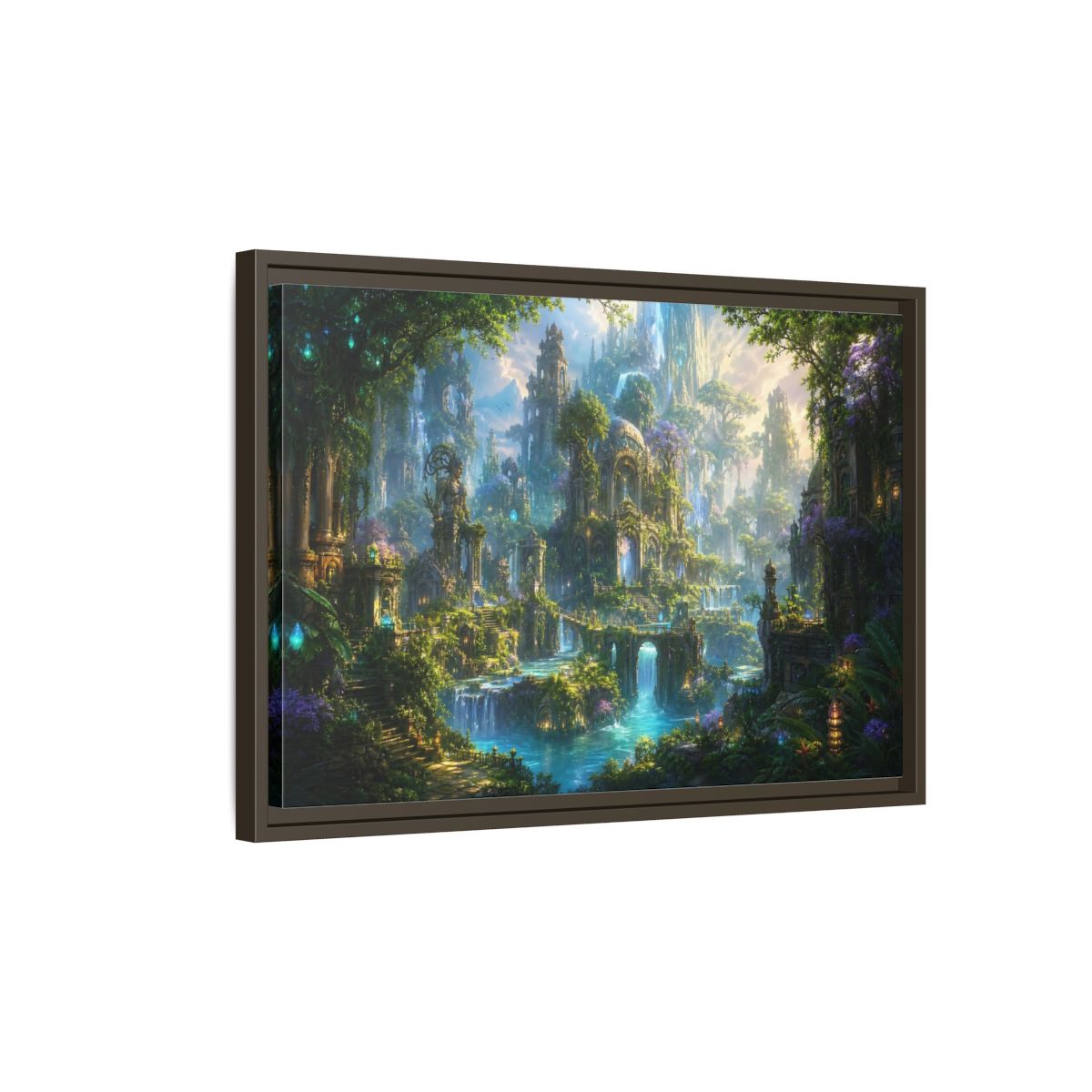 Side Mockup 2. Fairytale Enchanted City Green And Blue Fantasy shown as stretched canvas wall art