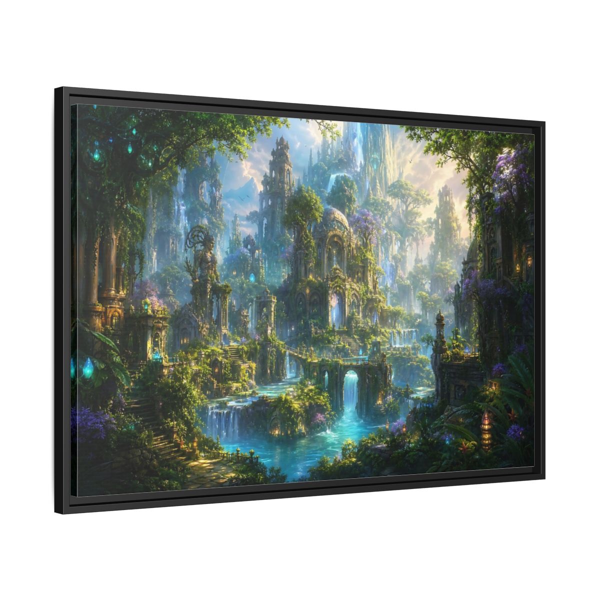 Side Mockup 13. Fairytale Enchanted City Green And Blue Fantasy shown as stretched canvas wall art