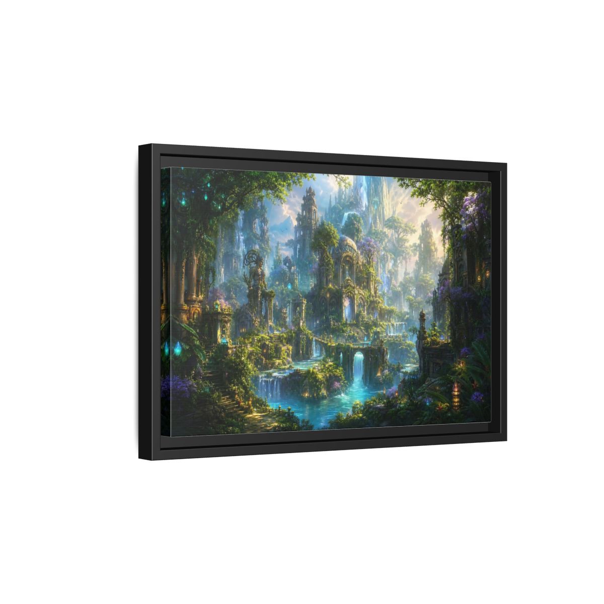 Side Mockup 6. Fairytale Enchanted City Green And Blue Fantasy shown as stretched canvas wall art