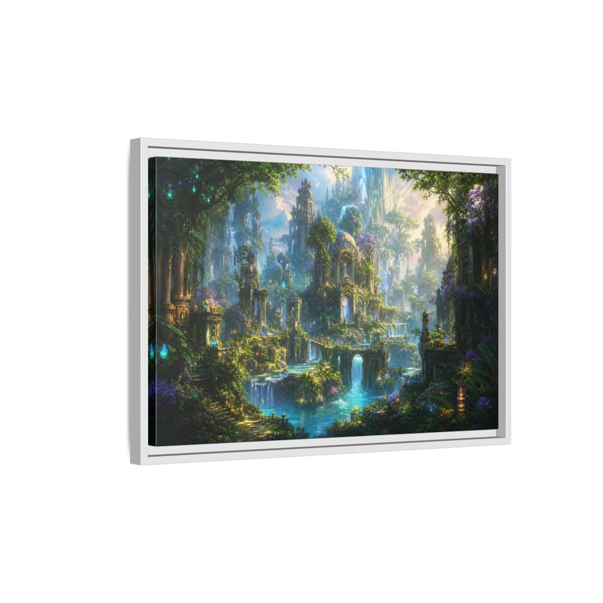Side Mockup 1. Fairytale Enchanted City Green And Blue Fantasy shown as stretched canvas wall art