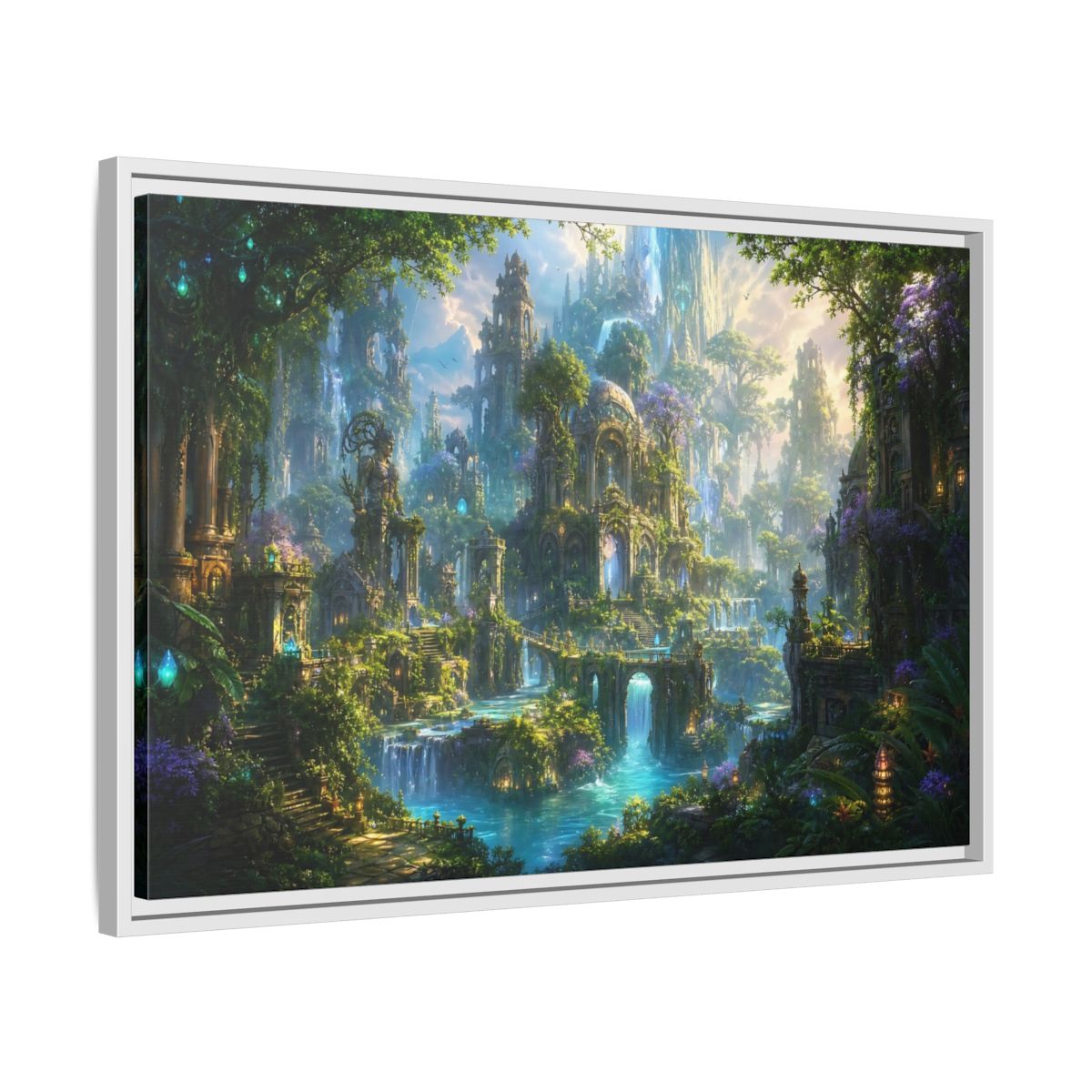 Side Mockup 10. Fairytale Enchanted City Green And Blue Fantasy shown as stretched canvas wall art