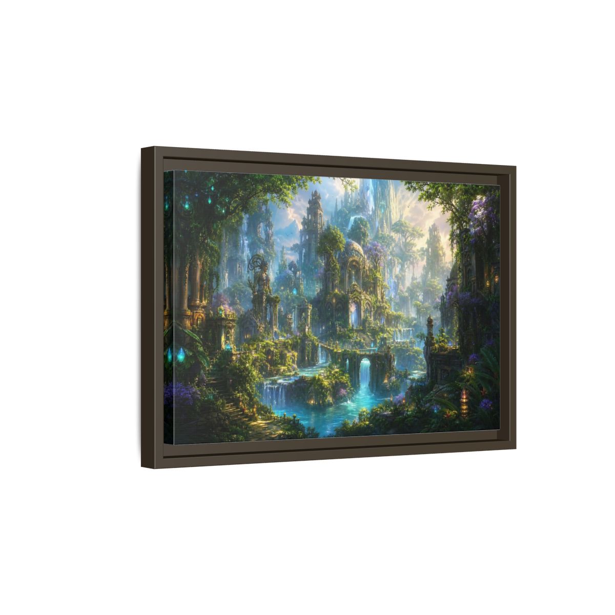 Side Mockup 5. Fairytale Enchanted City Green And Blue Fantasy shown as stretched canvas wall art