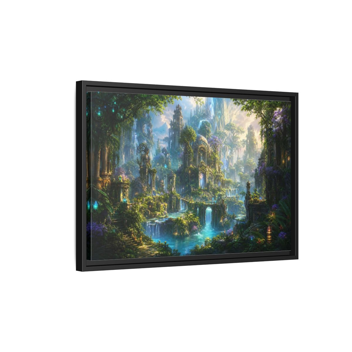 Side Mockup 3. Fairytale Enchanted City Green And Blue Fantasy shown as stretched canvas wall art
