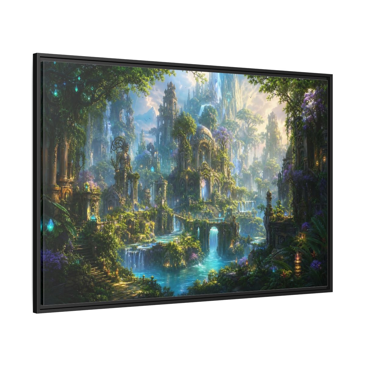 Side Mockup 12. Fairytale Enchanted City Green And Blue Fantasy shown as stretched canvas wall art