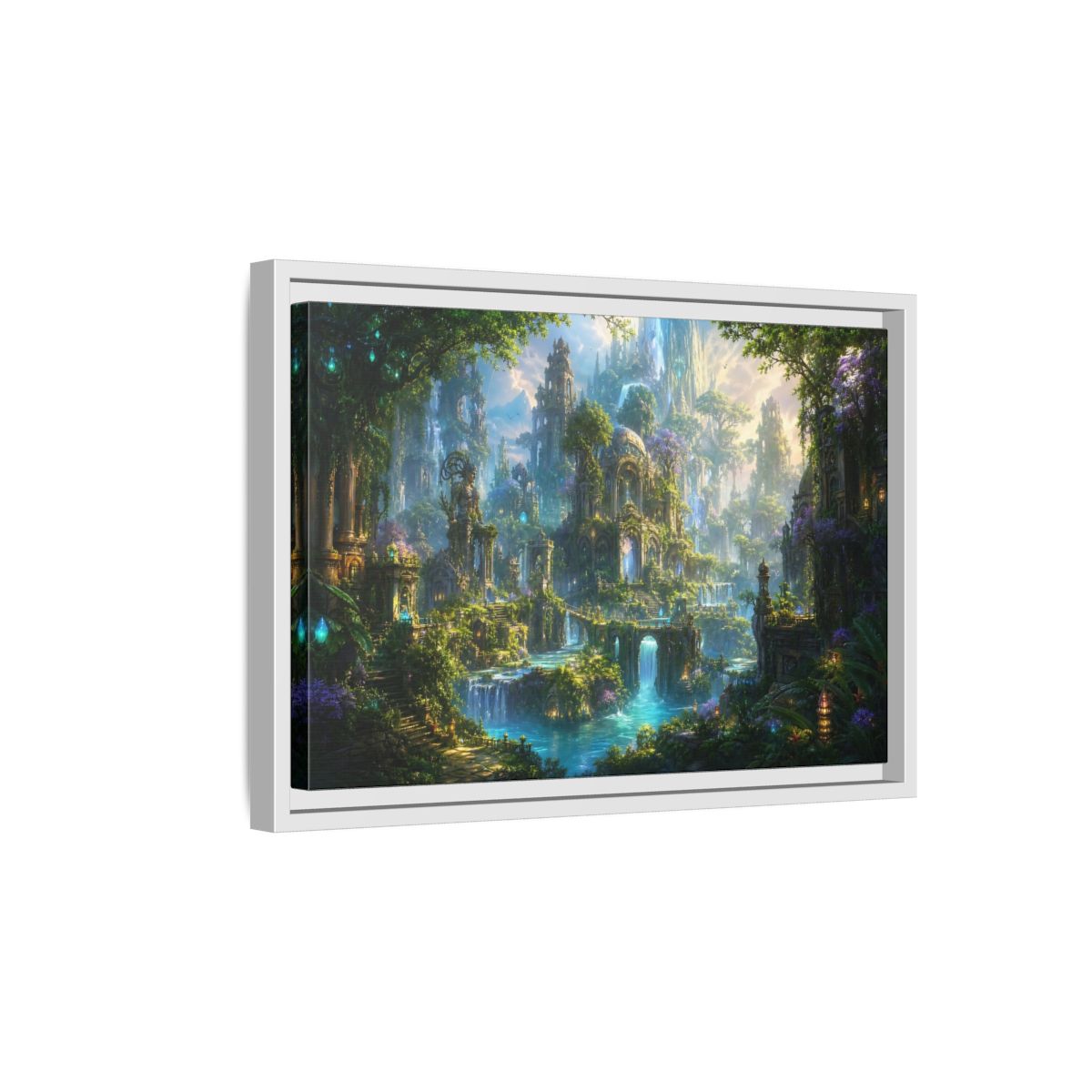 Side Mockup 4. Fairytale Enchanted City Green And Blue Fantasy shown as stretched canvas wall art