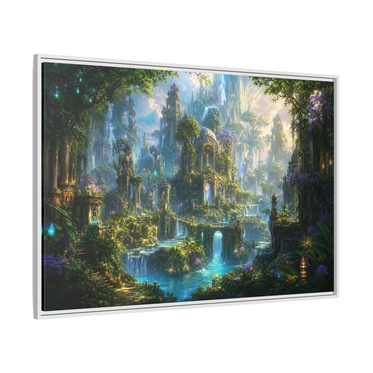 Side Mockup 7. Fairytale Enchanted City Green And Blue Fantasy shown as stretched canvas wall art
