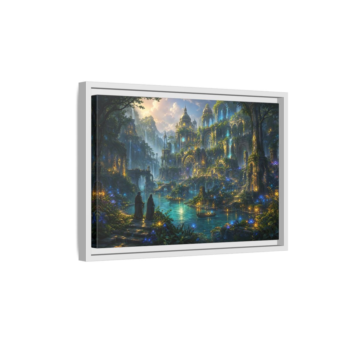 Side Mockup 4. Fairytale Enchanted City Enchanted City Scape shown as stretched canvas wall art