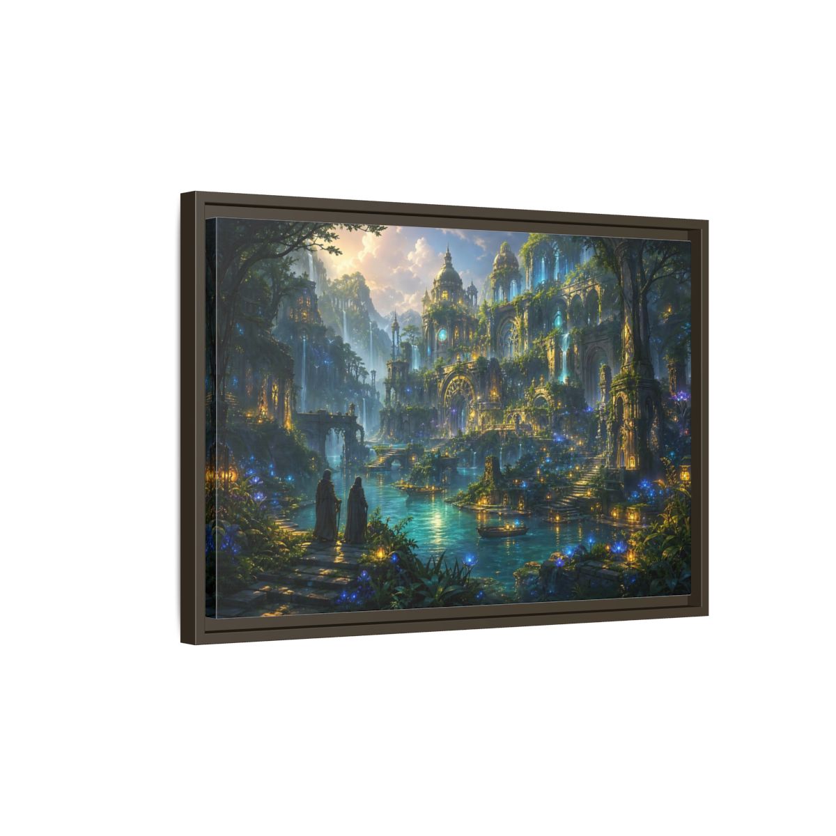Side Mockup 2. Fairytale Enchanted City Enchanted City Scape shown as stretched canvas wall art