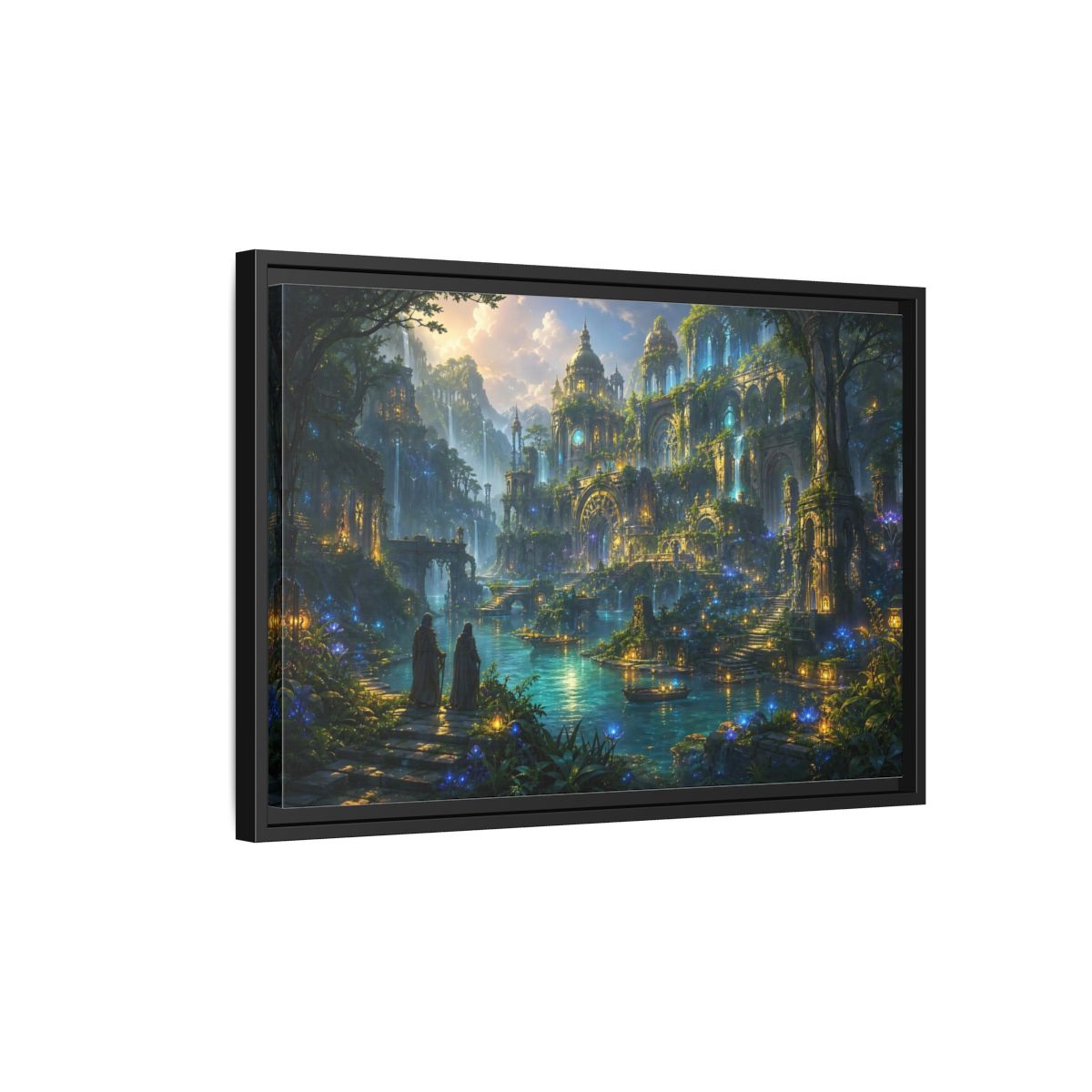 Side Mockup 3. Fairytale Enchanted City Enchanted City Scape shown as stretched canvas wall art