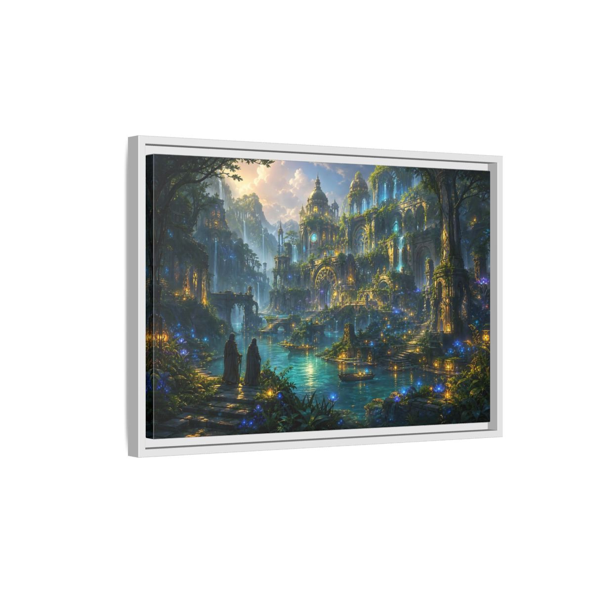 Side Mockup 1. Fairytale Enchanted City Enchanted City Scape shown as stretched canvas wall art
