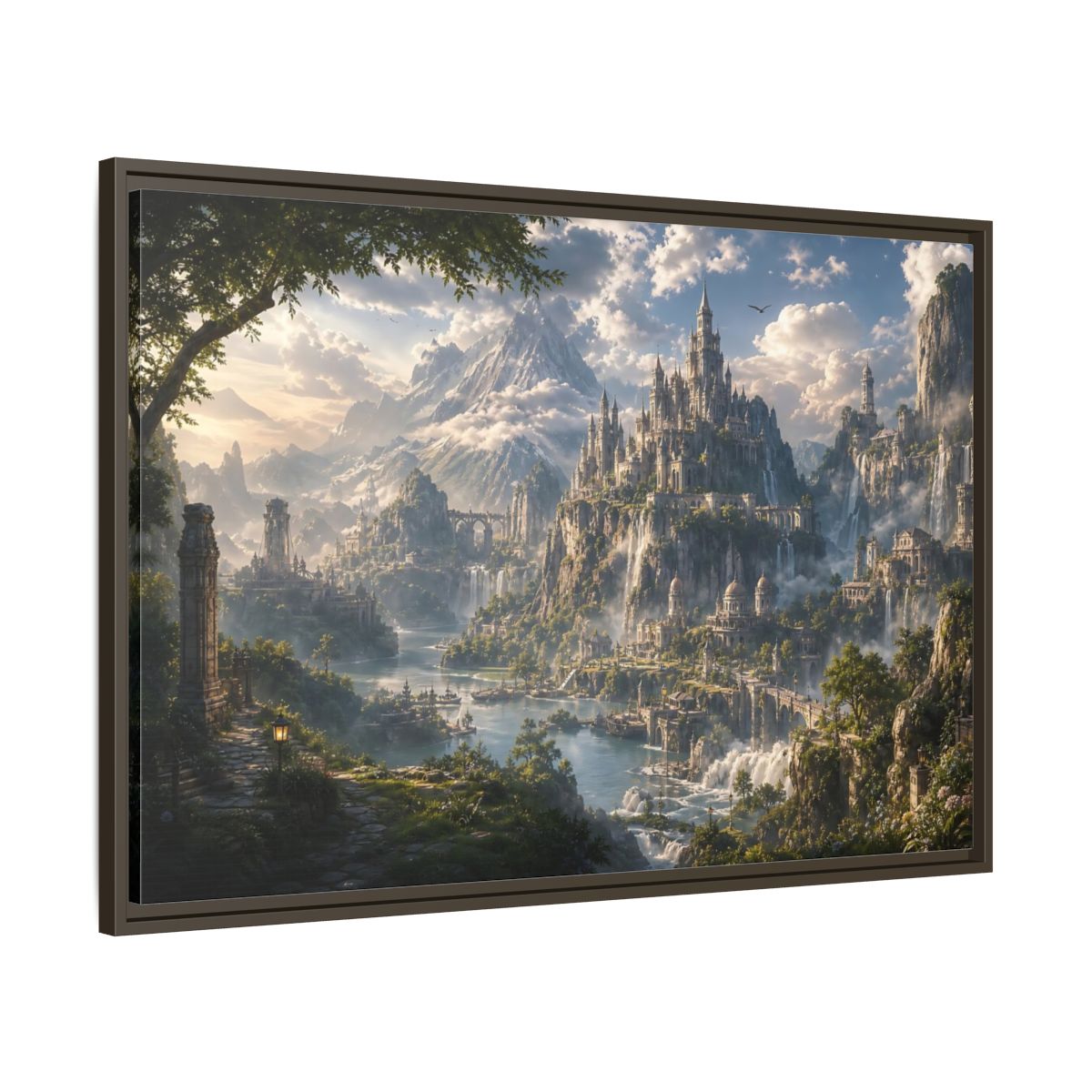Main Mockup. Fairytale Fantasy Castle Enchanted Mountain Castle shown as stretched canvas wall art