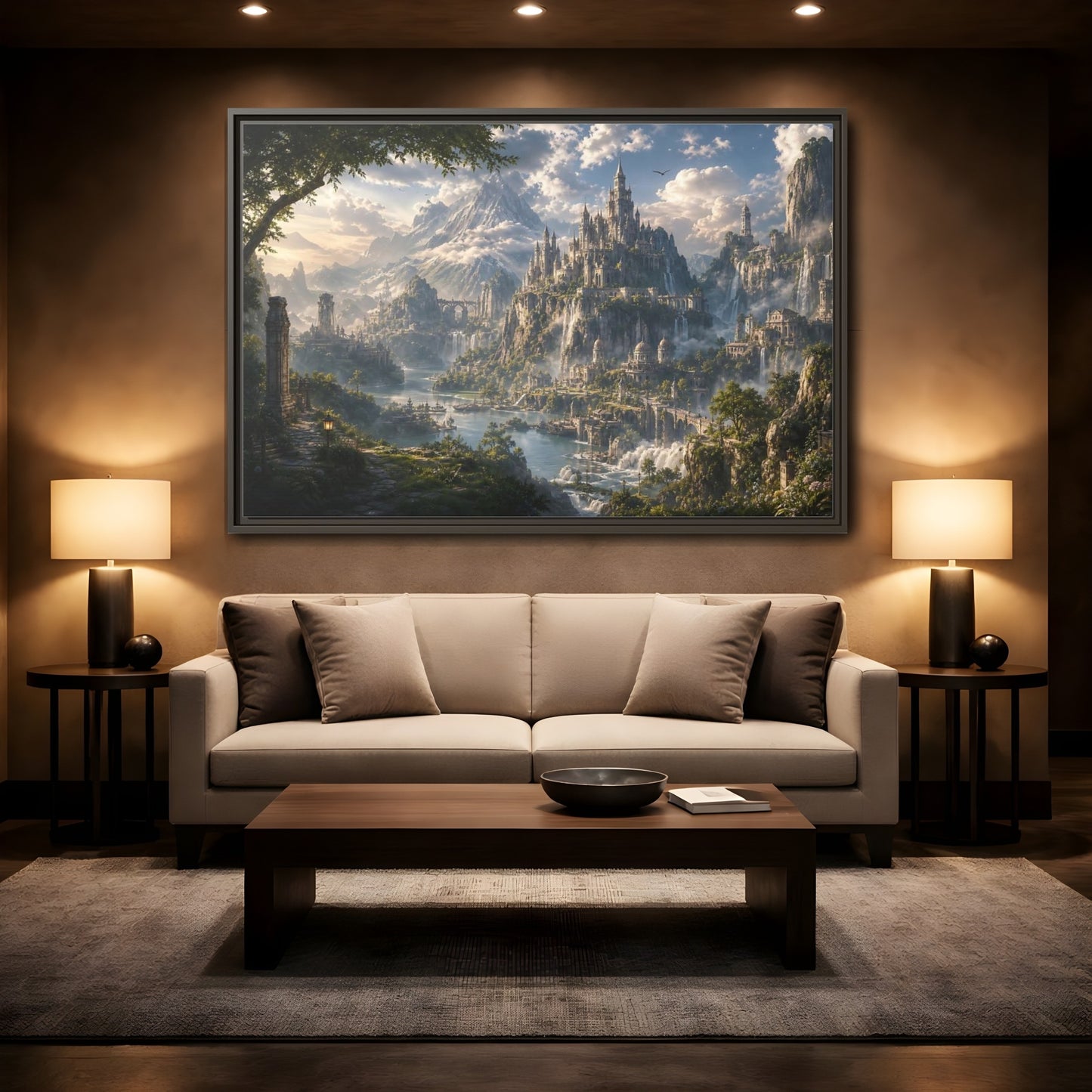 Mockup 2. Fairytale Fantasy Castle Enchanted Mountain Castle shown as stretched canvas wall art