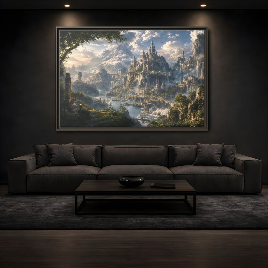 Mockup 3. Fairytale Fantasy Castle Enchanted Mountain Castle shown as stretched canvas wall art