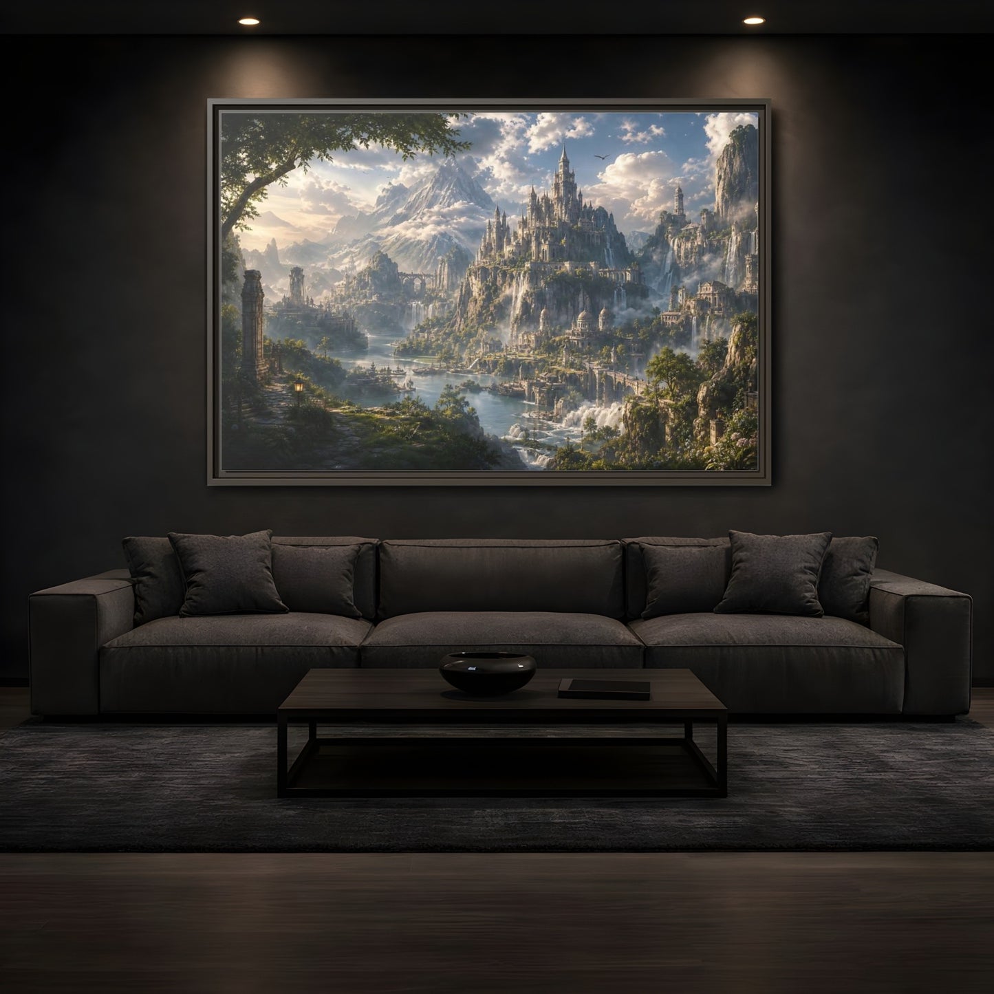 Mockup 3. Fairytale Fantasy Castle Enchanted Mountain Castle shown as stretched canvas wall art