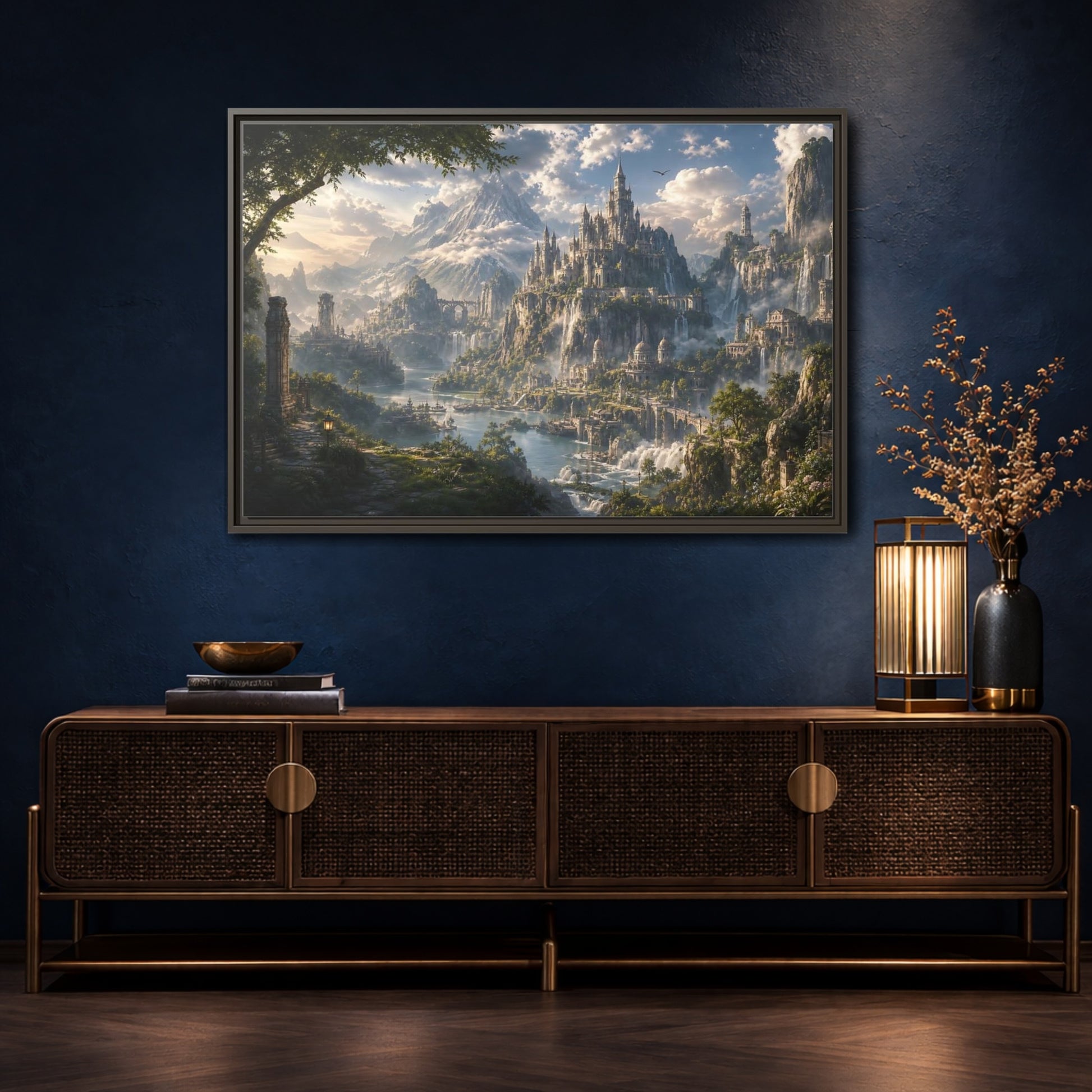 Mockup 4. Fairytale Fantasy Castle Enchanted Mountain Castle shown as stretched canvas wall art