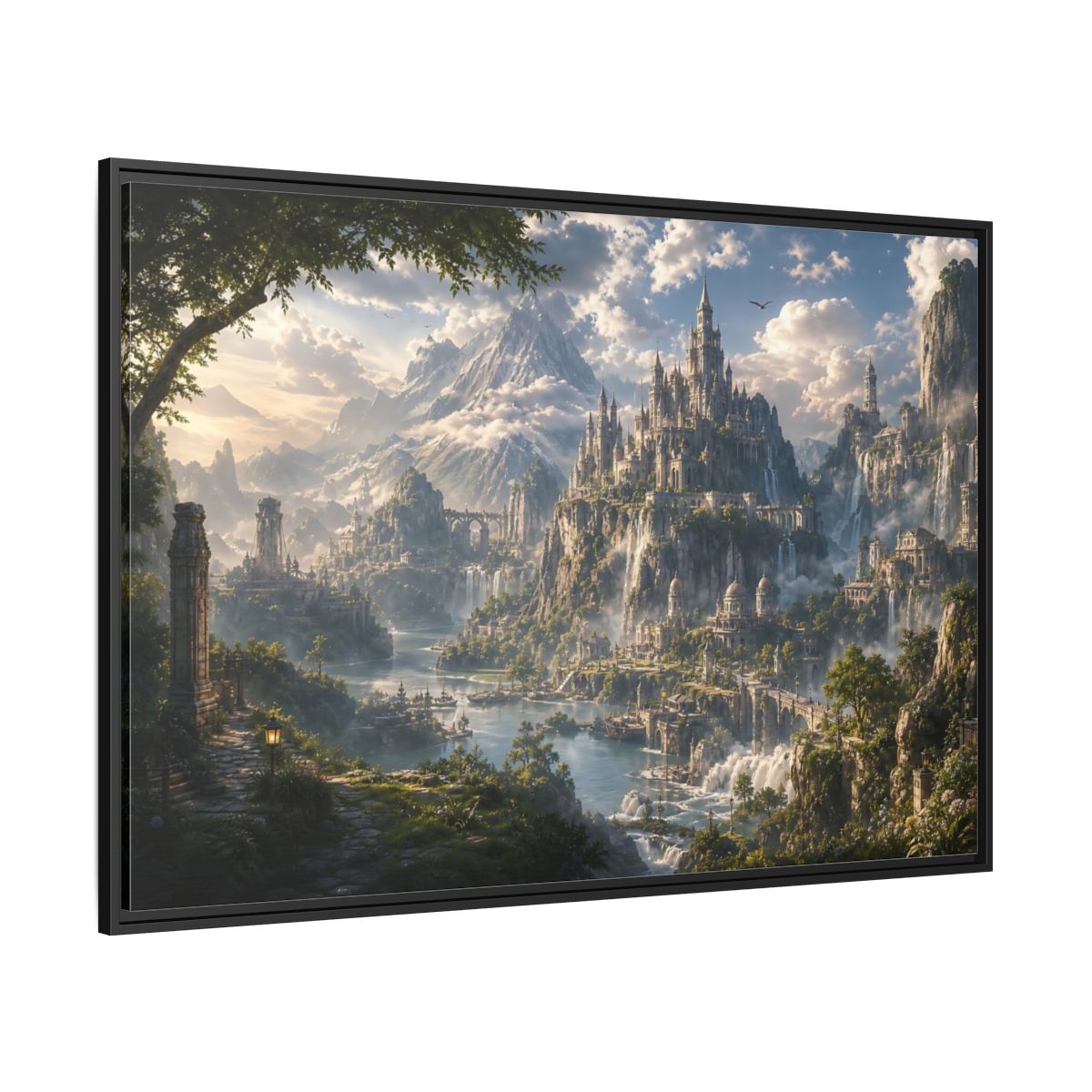 Side Mockup 12. Fairytale Fantasy Castle Enchanted Mountain Castle shown as stretched canvas wall art
