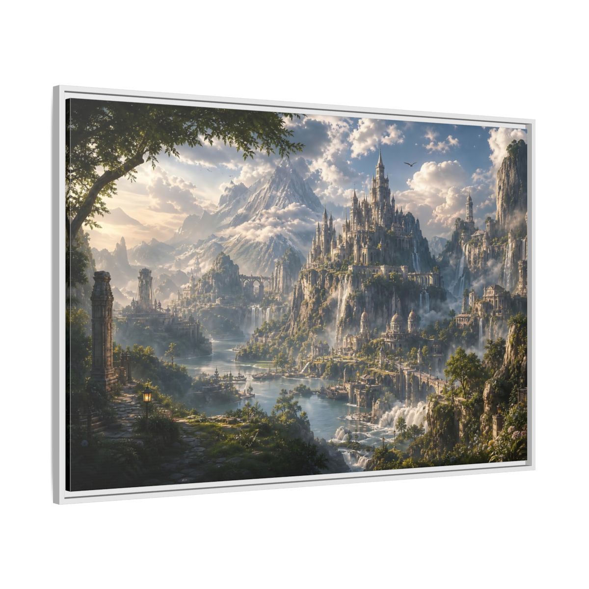 Side Mockup 7. Fairytale Fantasy Castle Enchanted Mountain Castle shown as stretched canvas wall art