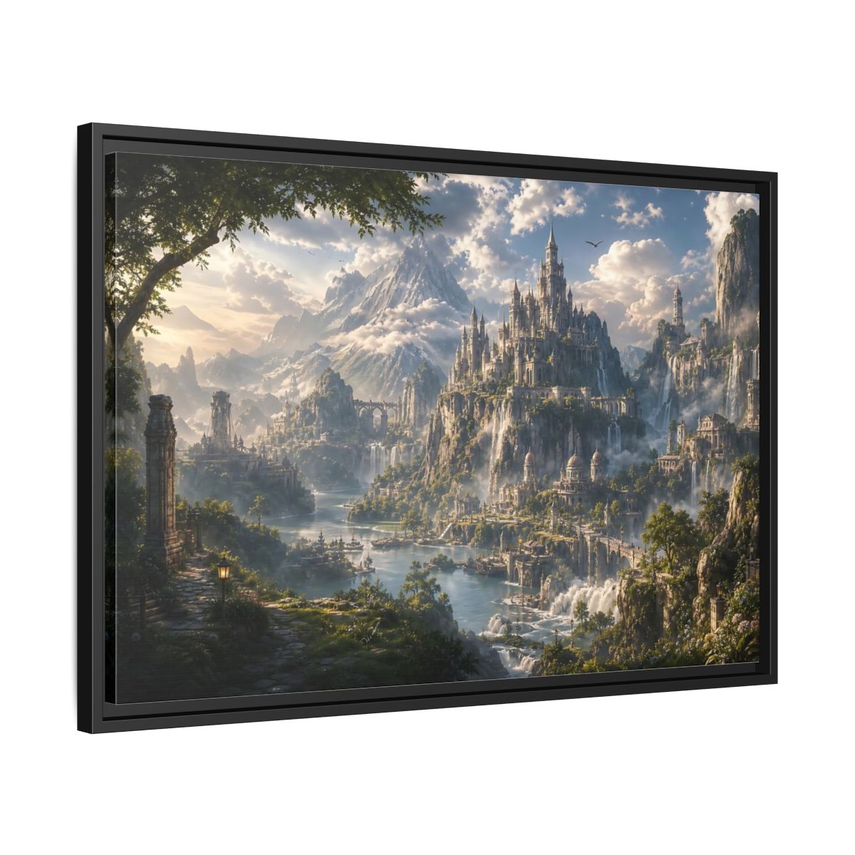 Side Mockup 14. Fairytale Fantasy Castle Enchanted Mountain Castle shown as stretched canvas wall art