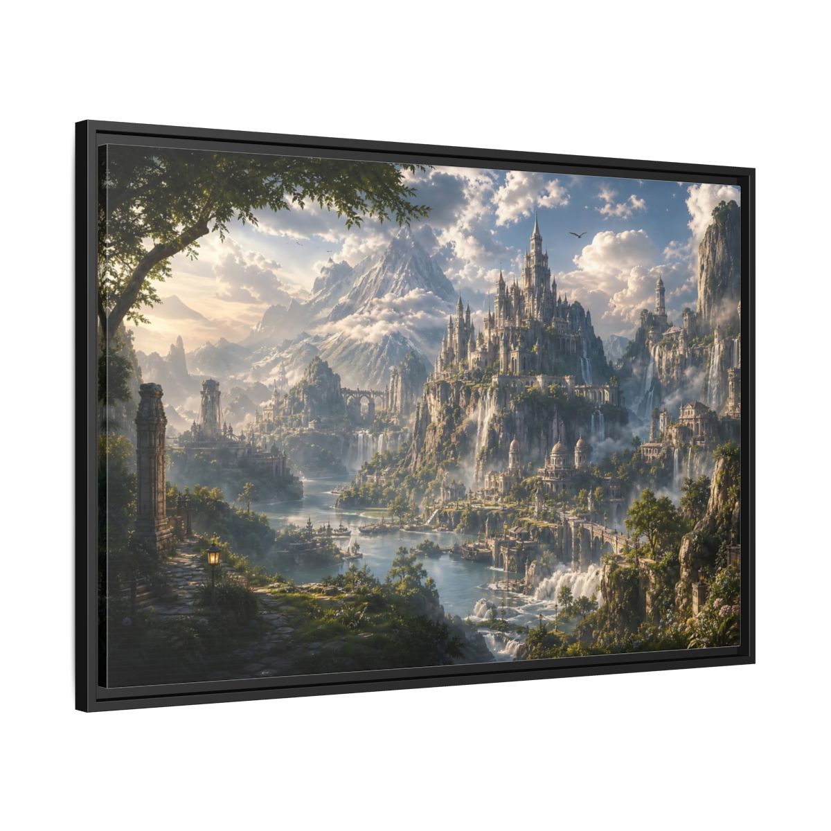 Side Mockup 13. Fairytale Fantasy Castle Enchanted Mountain Castle shown as stretched canvas wall art