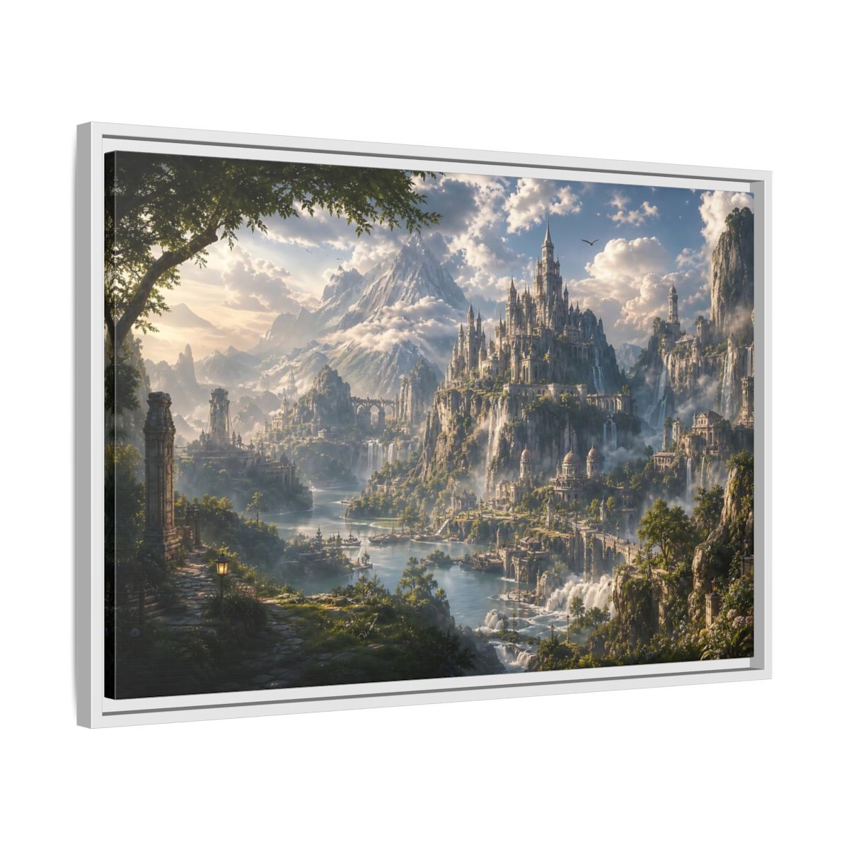 Side Mockup 10. Fairytale Fantasy Castle Enchanted Mountain Castle shown as stretched canvas wall art
