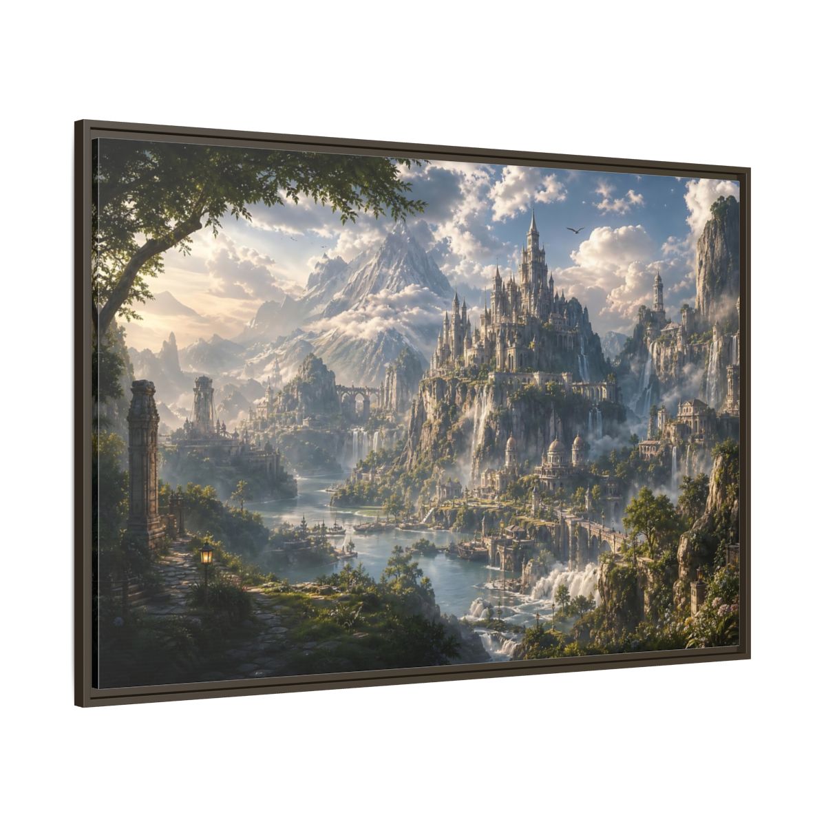 Side Mockup 8. Fairytale Fantasy Castle Enchanted Mountain Castle shown as stretched canvas wall art