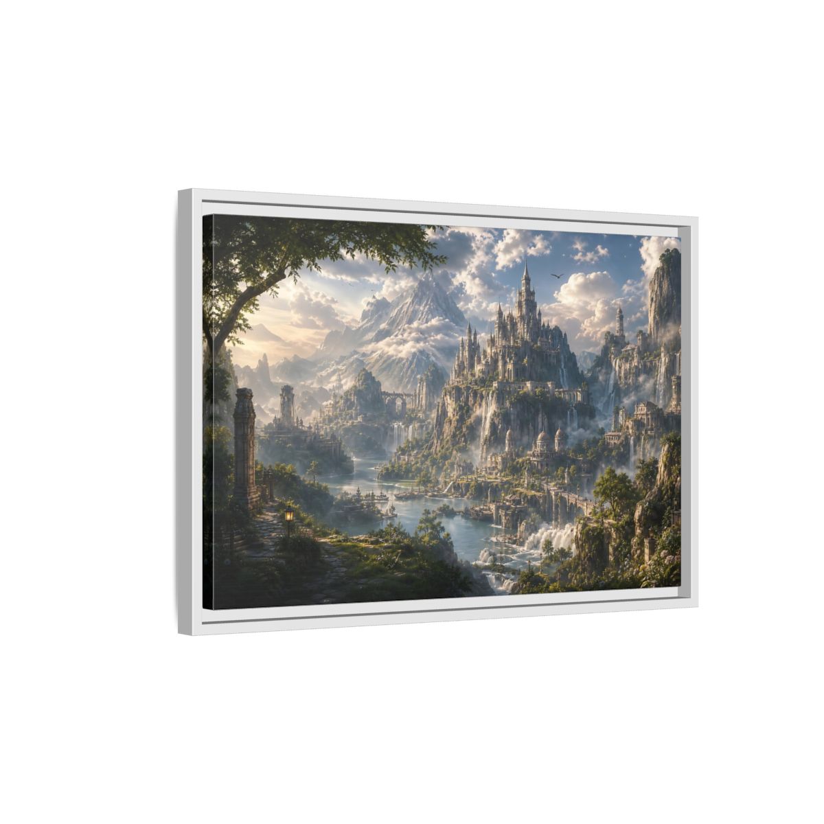 Side Mockup 1. Fairytale Fantasy Castle Enchanted Mountain Castle shown as stretched canvas wall art