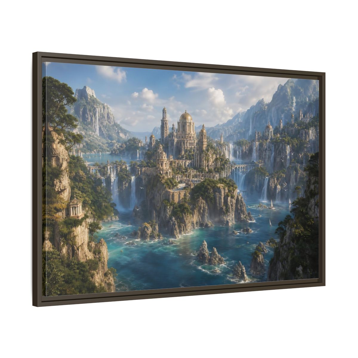 Main Mockup. Fairytale Fantasy City Blue Green Gold shown as stretched canvas wall art