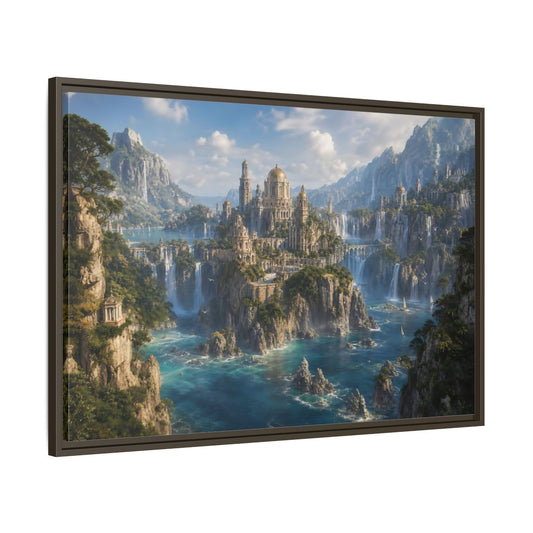 Main Mockup. Fairytale Fantasy City Blue Green Gold shown as stretched canvas wall art