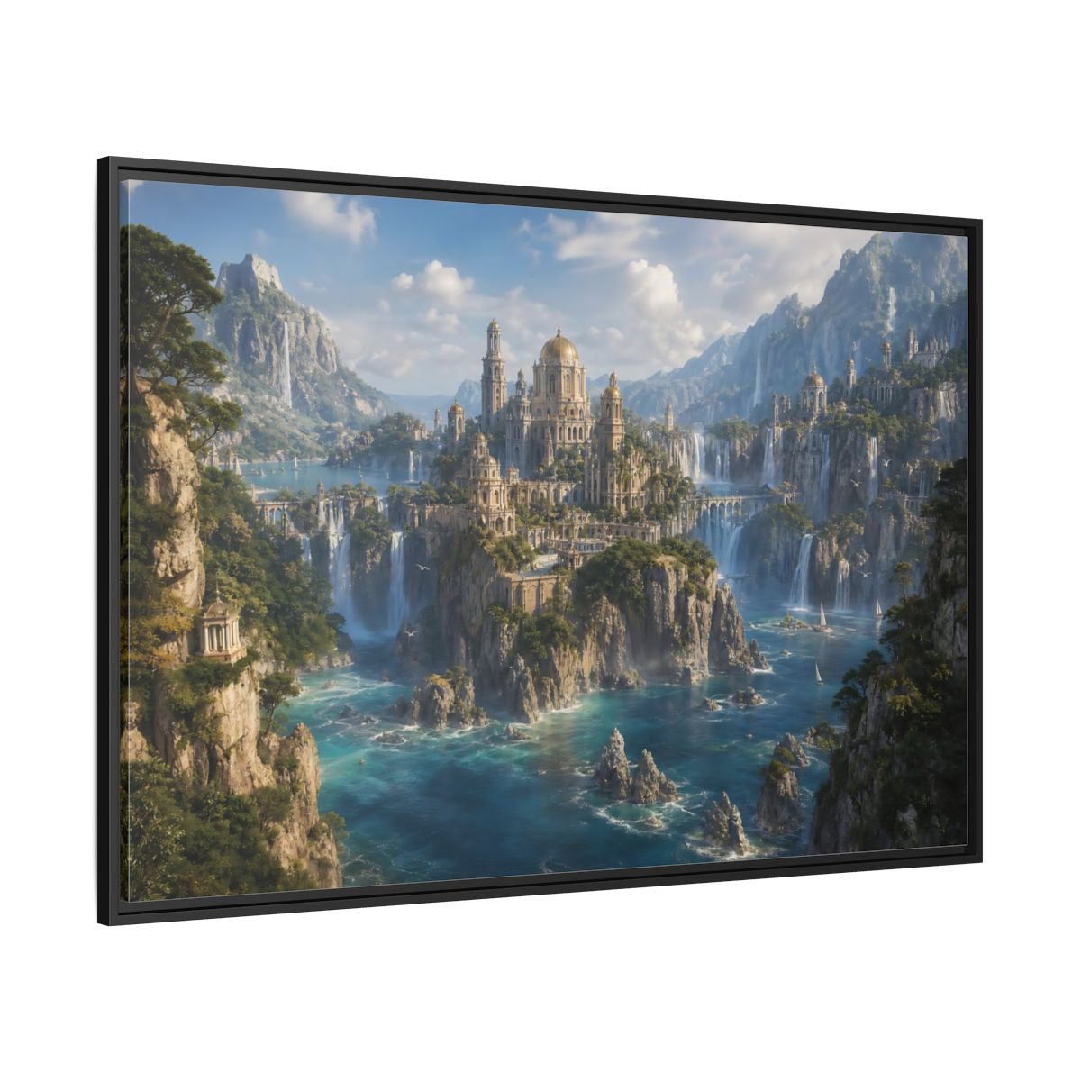 Side Mockup 12. Fairytale Fantasy City Blue Green Gold shown as stretched canvas wall art