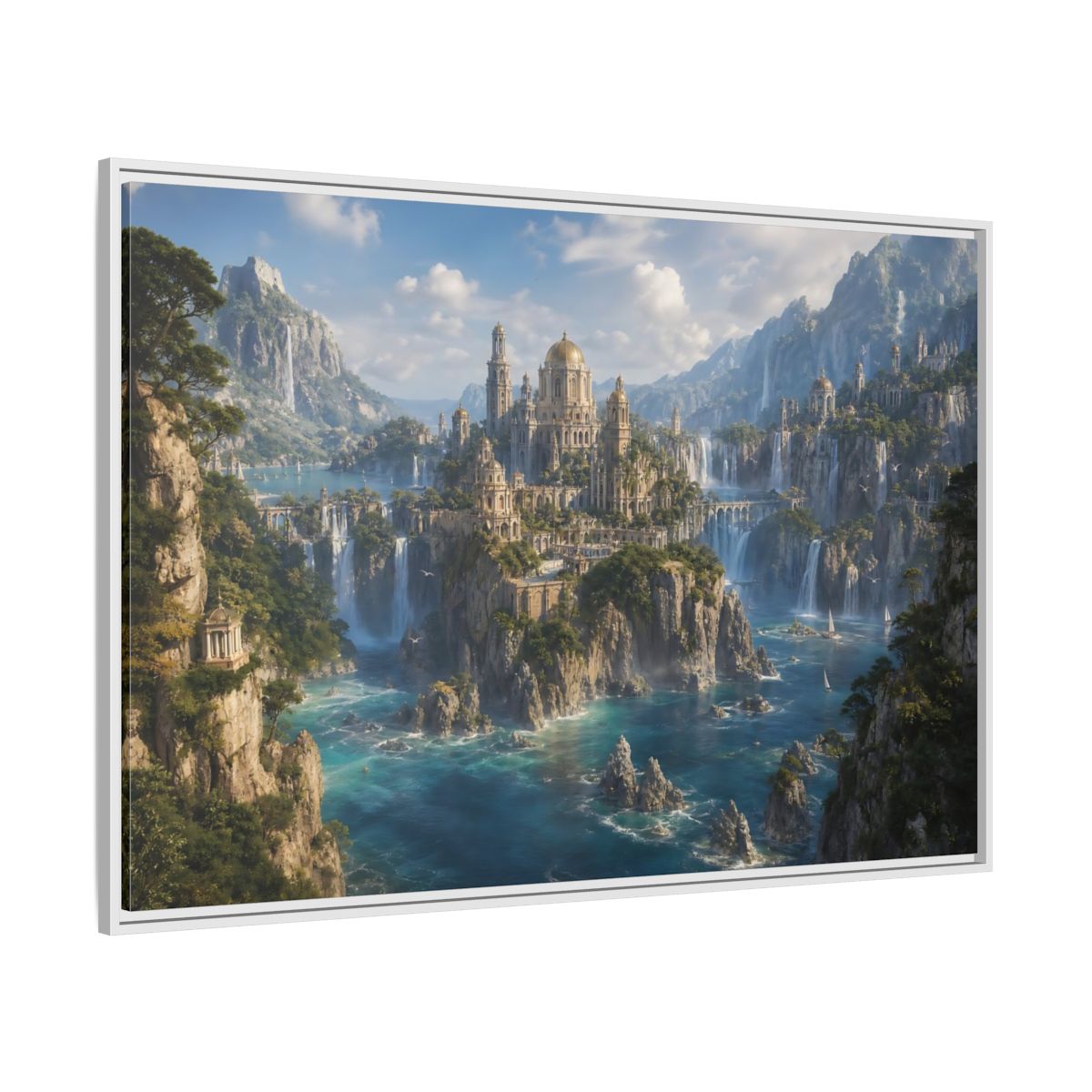 Side Mockup 7. Fairytale Fantasy City Blue Green Gold shown as stretched canvas wall art