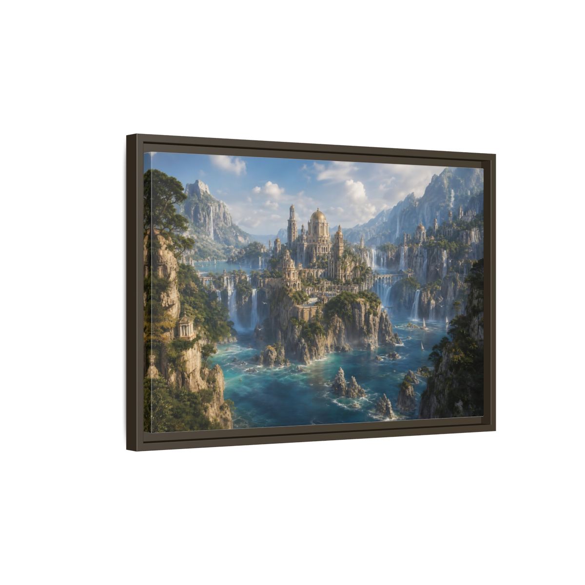 Side Mockup 2. Fairytale Fantasy City Blue Green Gold shown as stretched canvas wall art