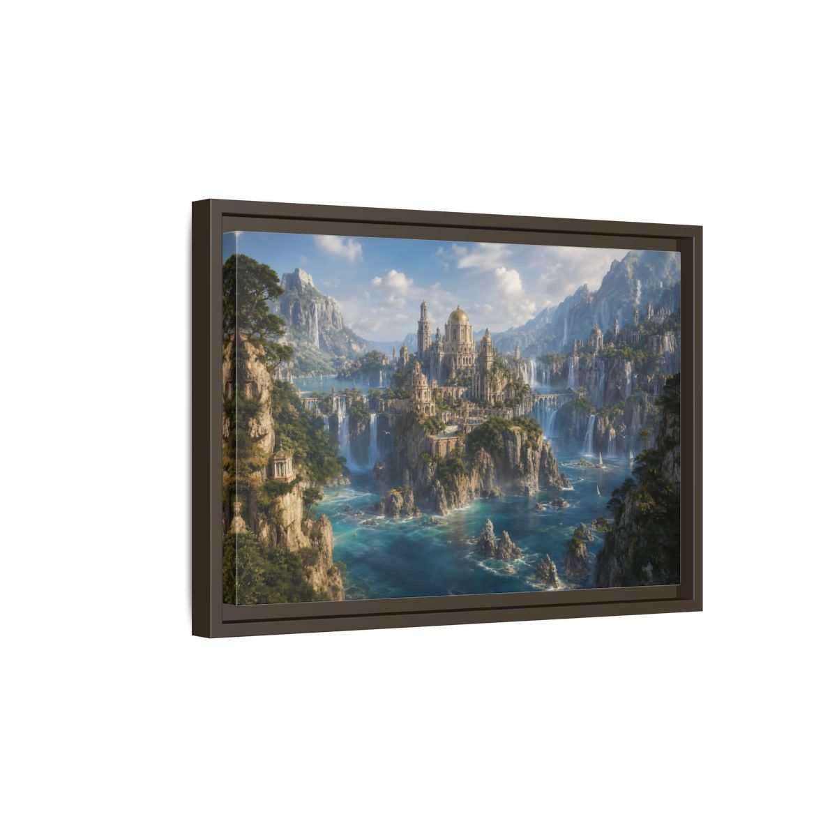 Side Mockup 5. Fairytale Fantasy City Blue Green Gold shown as stretched canvas wall art